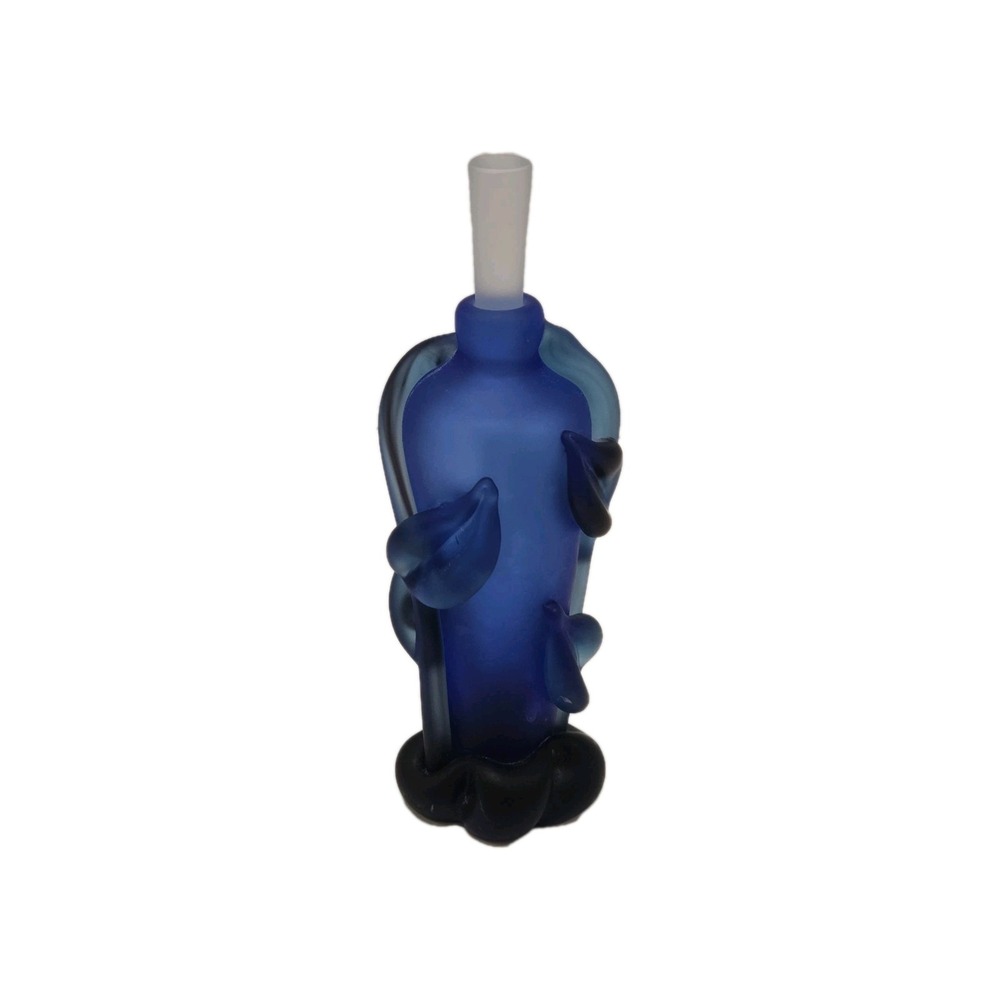 Tommie Rush Art Glass Perfume or Cologne Bottle Blue Leaves Color Clear Stopper